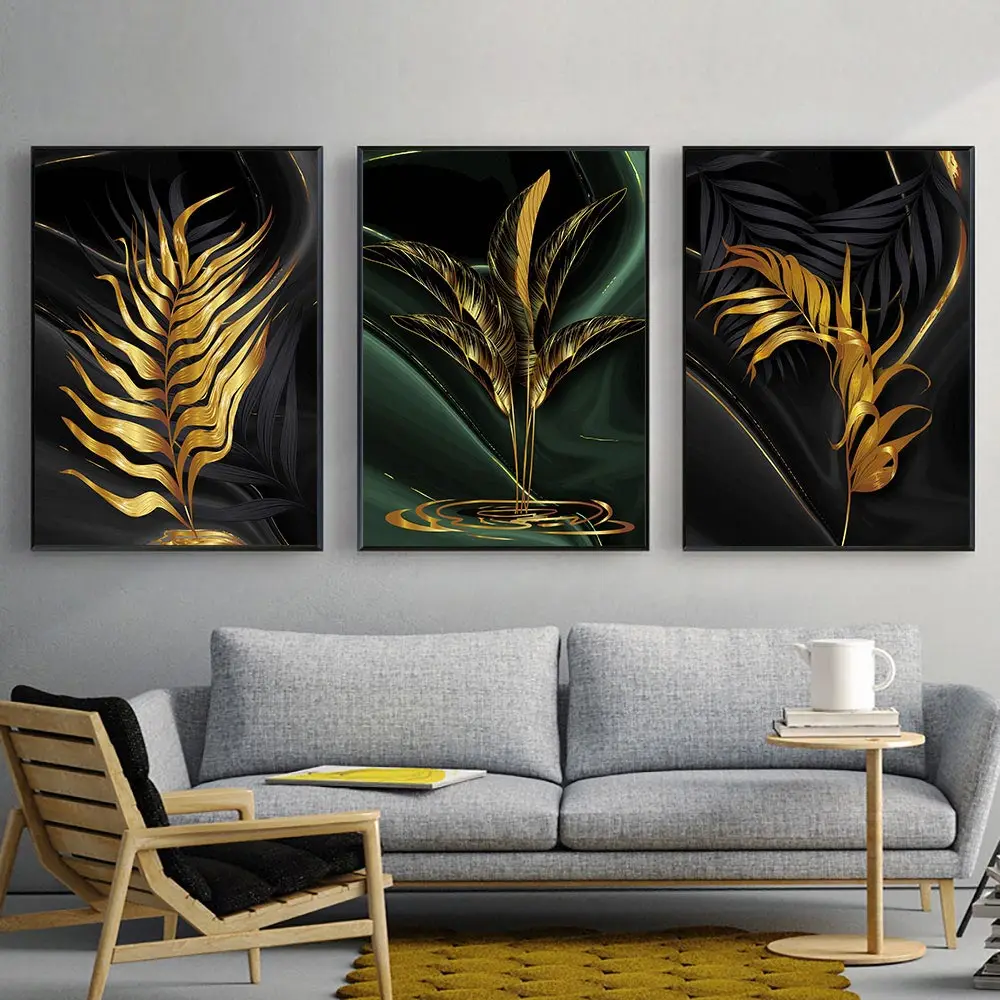 

Yellow Gold Leaf Wall Art Canvas Painting Abstract Plant Nordic Poster Wall Pictures For Living Room Posters And Prints Unframed
