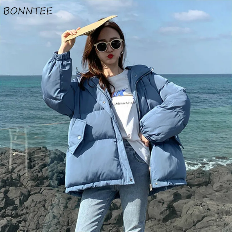 

Short Style Parkas Women Trendy Basic Pure Hooded All-match Lovely Winter Clothes Woman Popular Soft Thick Leisure Femme Outwear