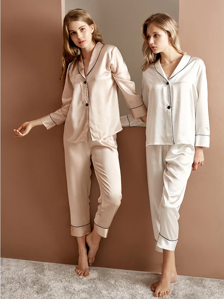 100%Chinese Mulberry Silk Women's Sleepwear Summer Lady Pyjamas High-End Pajamas 2-Piece Set Solid Color Pijama Comfort Homewear