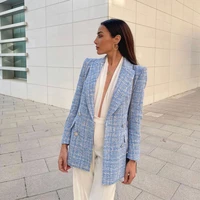 2021 new women blazer double breasted long sleeves checkered textured suit fashion casual chic lady woman blazer suit