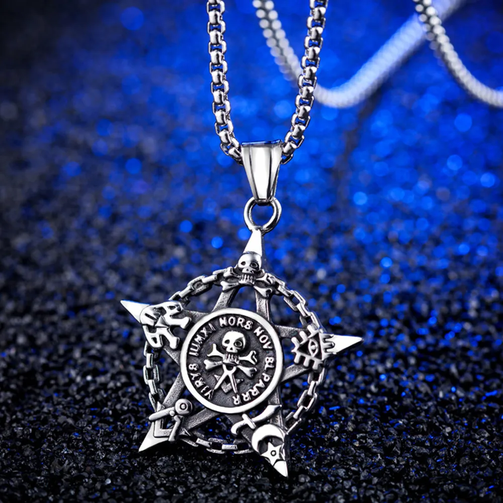 

Stainless steel Six Pointed Star Skull Necklace Men Vintage Pendant Fine Jewelry New Accessories