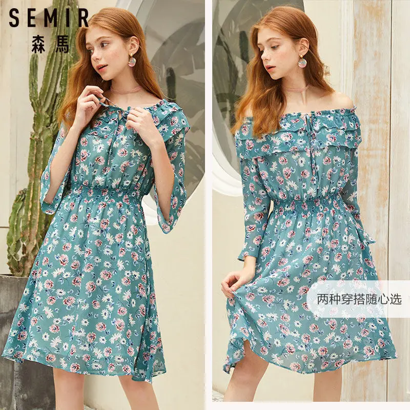 Платье SEMIR женское шифоновое с одним вырезом винтажное рукавами и оборками