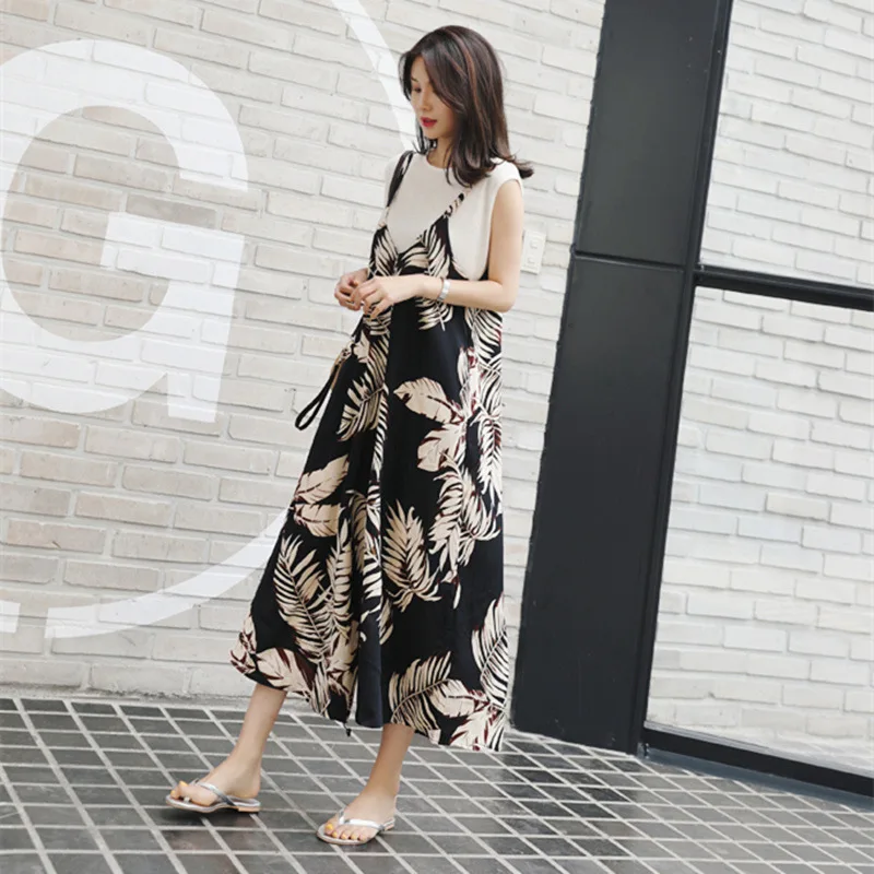 

SuperAen Summer New Loose Slim Chiffon Printed Plus Size Casual Suspender Wide Leg Trouser Jumpsuit Women