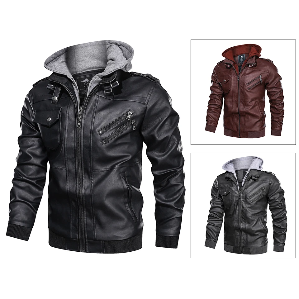 

Men's Faux Leather Bomber Jacket with Removable Hood Biker Windbreaker Coat Slim Fit Moto Jake