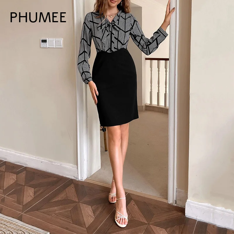 

Spring Fall Elegant Polka Dot Geo Panel Bowknot Tie Neck Dress Office Lady High Waist Straight Mini Shirt Dresses Women 2022