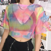 women fashion rainbow tunic hollow out tops mix color cropped top new short sleeve high street mesh tees loose t shirt