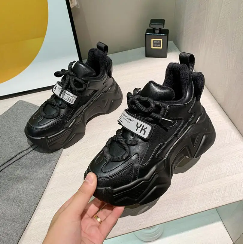

2021 Spring Women Wedges Sneakers High Platform Fashion Chunky Vulcanized Shoes Woman Tenis Leather Casual Shoes Black Ladies