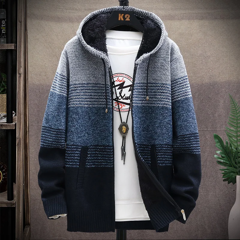 Men's Cardigan Hooded  Sweater Jumper with Zipper Knitwear Fashion Striped Fleece Wool Autumn/Winter Thick Warm Coat Cold Blouse