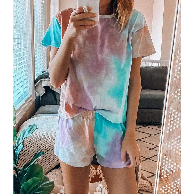 

2021 Summer New Home Pajamas Casual Sports Two-piece Women's Solid Color Printed Pajamas Two-piece Home Service Suit