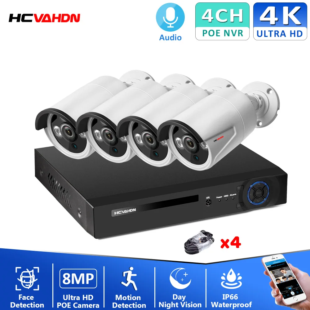 

H.265+ 8MP POE 4CH NVR AI CCTV Security Camera System Kit Face Detection Outdoor Audio Video Surveillance Camera Kits P2P