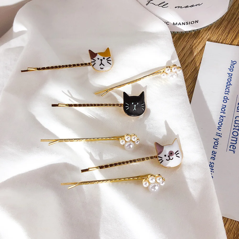 2 шт./компл. заколки для волос в форме кошки Корейском стиле с жемчужинами