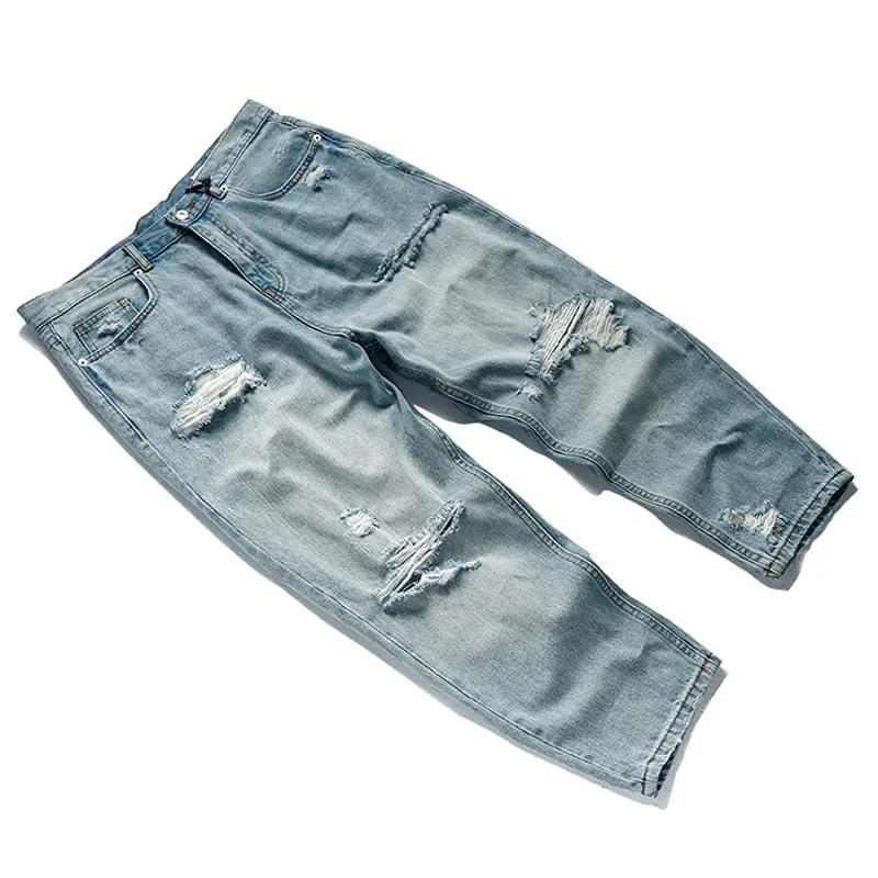 Summer New Fashion Ripped Men Jeans Ankle Length Loose Plus Size Hip Hop Hole Light Blue Homme Denim Pants Streetwear Trousers