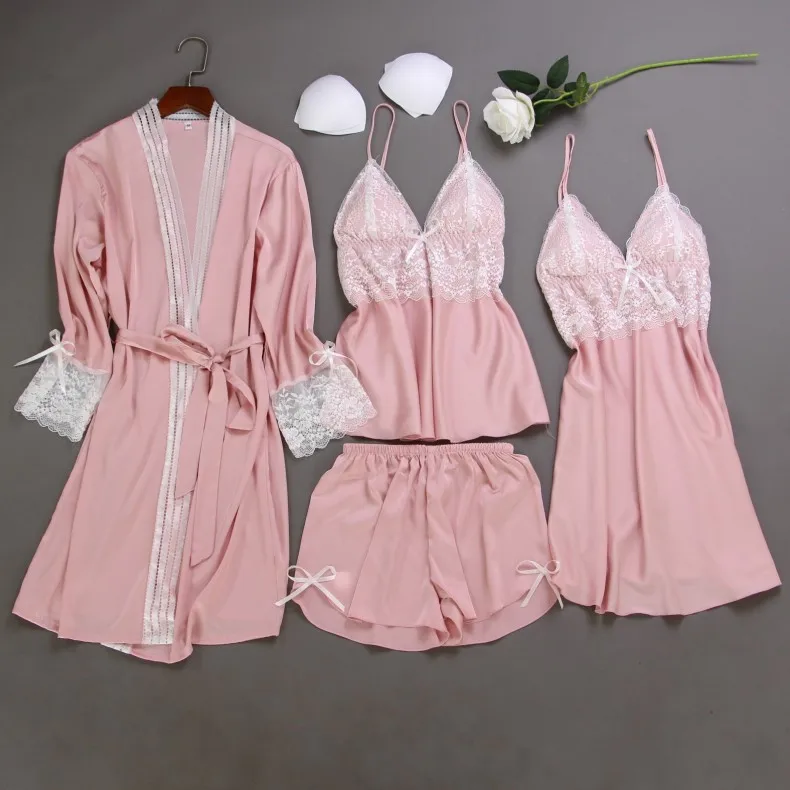 Summer New 4 Pcs Set Women Pyjama Satin High Quality Lace Sexy Sleepwear With Chest Pad Pajamas | Женская одежда