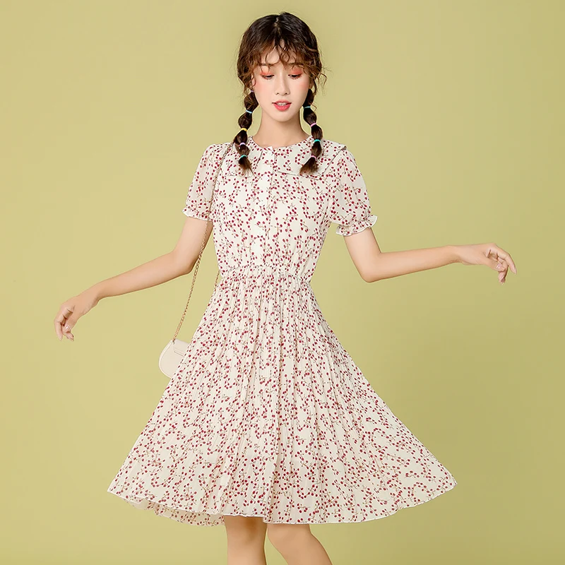 

Sweet Style Women Temperament A-Line Dress Summer New 2021 Women Chiffon Short Sleeve Single Breasted Floral Print Fairy Dress