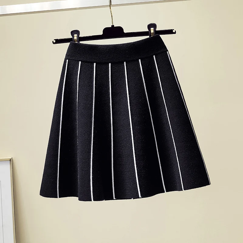 

JSXDHK Knitted Skirt High Quality Winter 2020 New Women's High Waist Elastic Striped Casual Vintage Elegant Medium/Short Dress