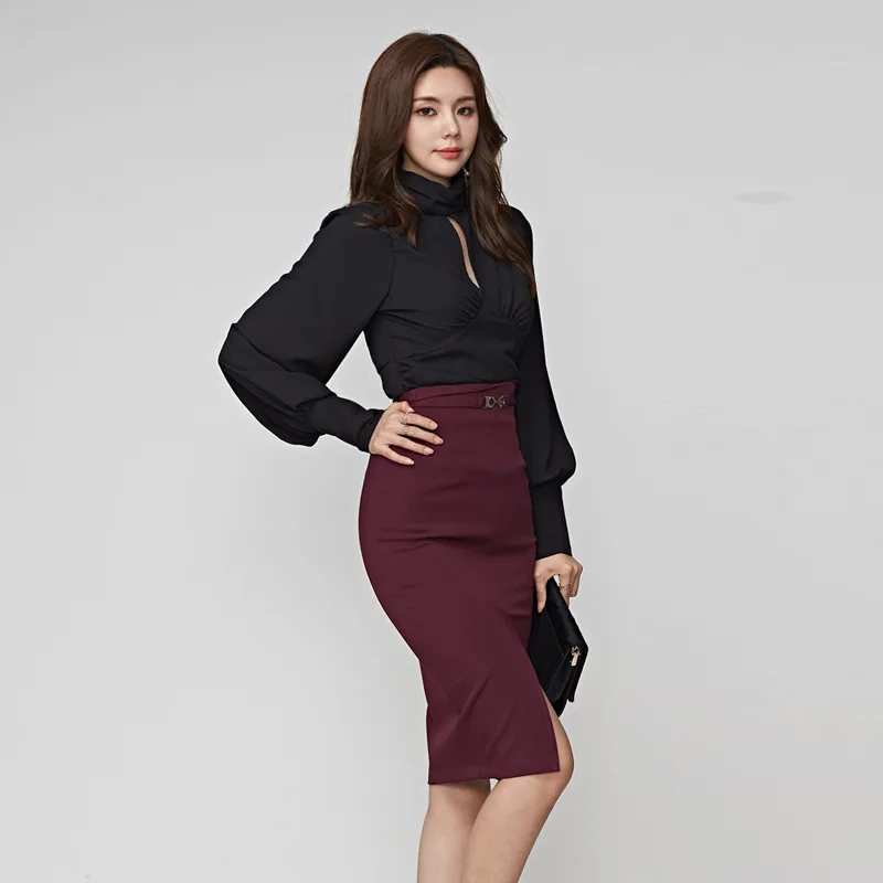 Женский офисный комплект из 2 предметов Черный корсет с лямкой на шее блузка и