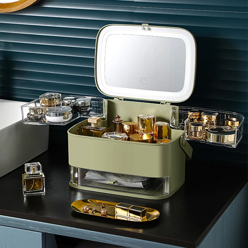 

Новая косметическая коробка для хранения с зеркалом светодиодный светильник Настольный органайзер чехол Защита от пыли с выдвижными ящика...