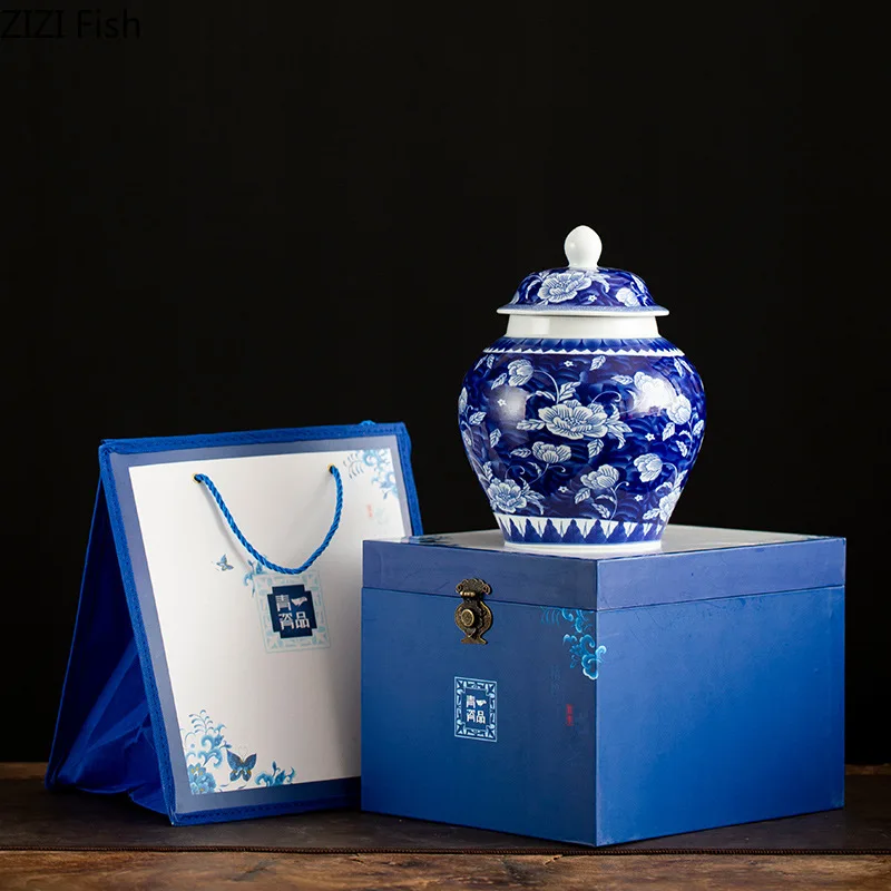 Ретро сине-белая фарфоровая банка общего назначения Лотос окрашенная