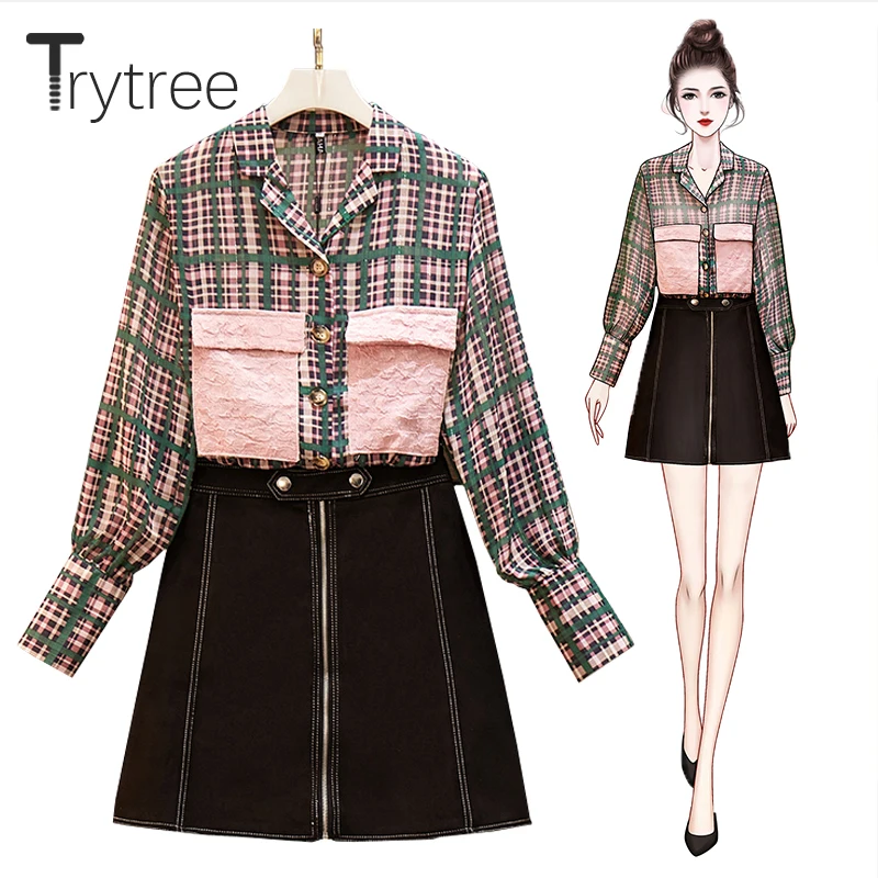 Trytree/осенний женский костюм из двух предметов, Повседневная рубашка в клетку с отложным воротником и розовыми карманами, Топы+ юбка, мини-комплект на молнии, комплект из 2 предметов