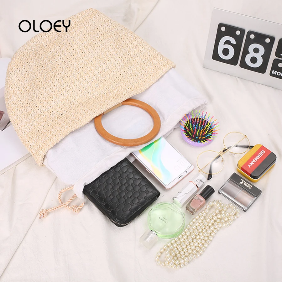 Соломенная пляжная сумка из ротанга с деревянной ручкой летняя плетеная