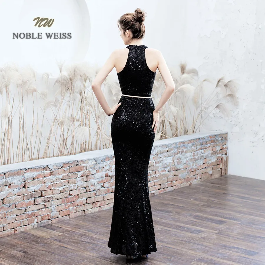 Вечерние платья Длинное Черное женское платье с лямкой на шее вечернее