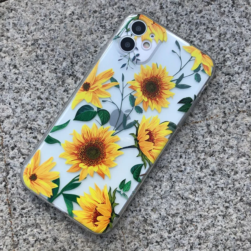 

For iPhone 12 11 Pro Max Cute Flower Animal Phone Case For iPhone X XR XS Max 7 8 Plus Mini Transparent Back Cover Coque