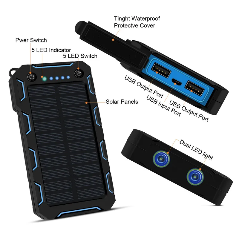 80000mAh Солнечный внешний аккумулятор портативный наружный водонепроницаемый 2 USB