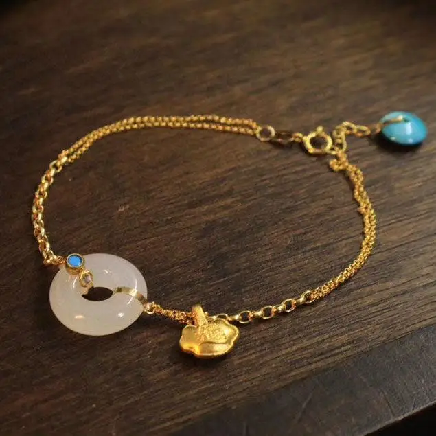 

Natural Hetian Jade Safety Jade Ring Inlaid Thick Gold S925 Sterling Silver Bracelet Tail Hanging Basket Turquoise Design Orname