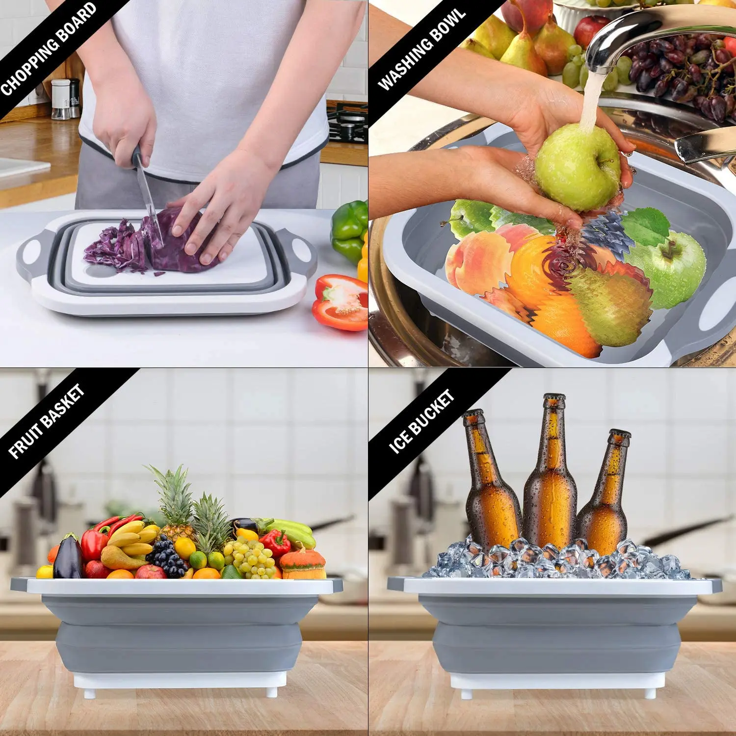 

3-In-1 Portable Chopping Board Multifunctional Bowl Cutting Board Dishpan Camping Basket Kitchen Storage Basket Folding Sink