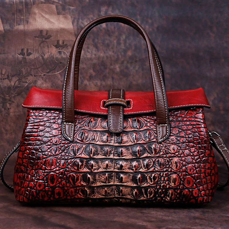 Сумка женская из натуральной кожи саквояж крокодиловый узор мессенджер