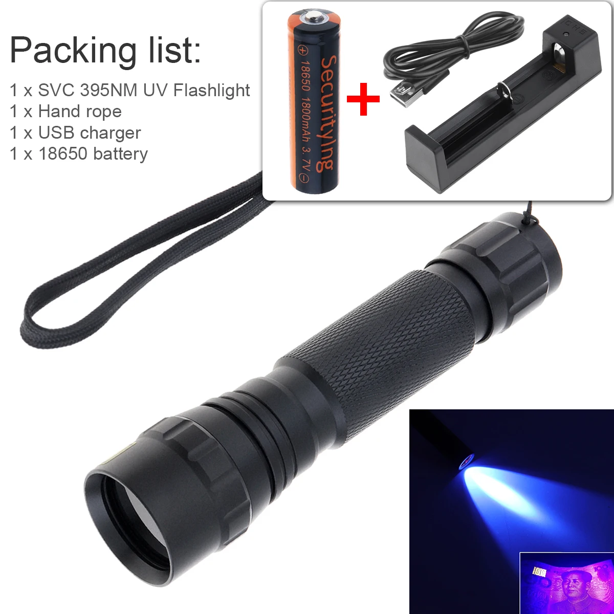 

501B 395nm UV Flashlight 10W Waterproof Ultra Violet Lamp for Money Detector /Hunting Torch + 18650 Battery + USB Charger