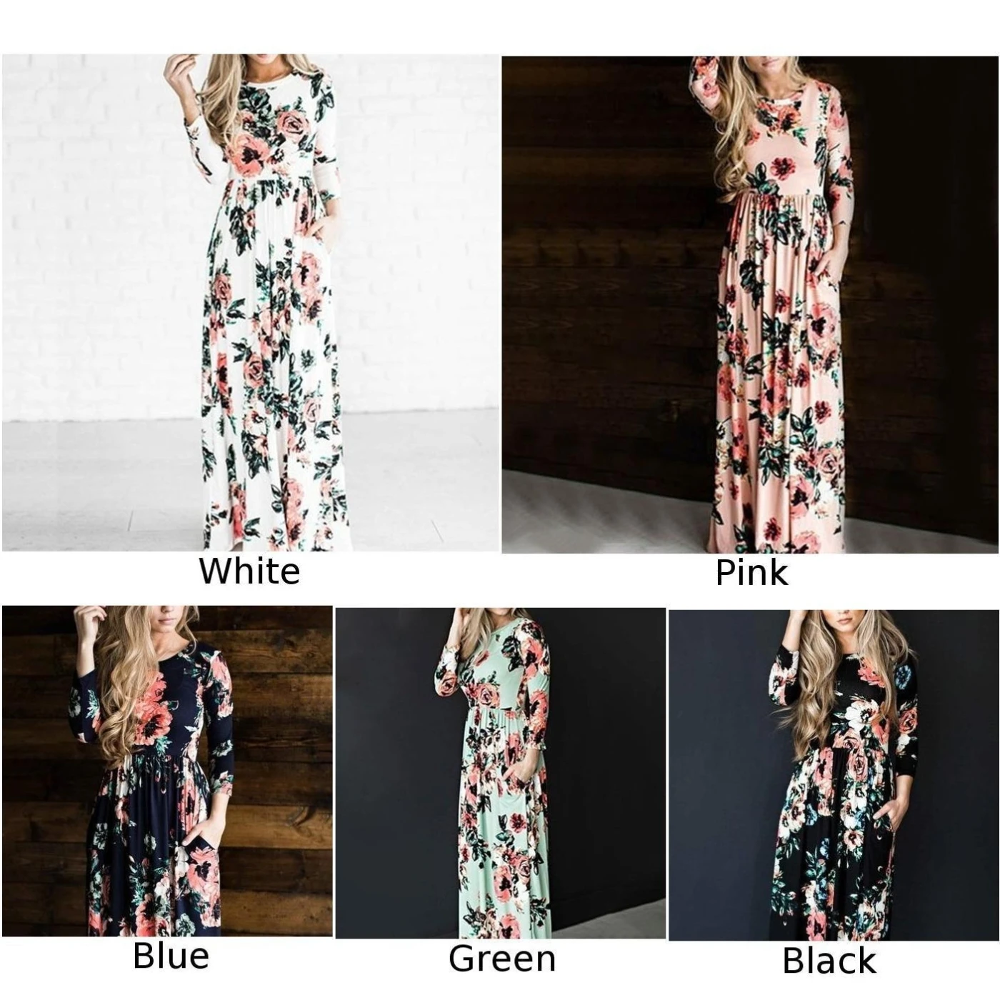 Womens Loose Floral Printed Round Neck Long Sleeve Cocktail Maxi Dresses | Женская одежда