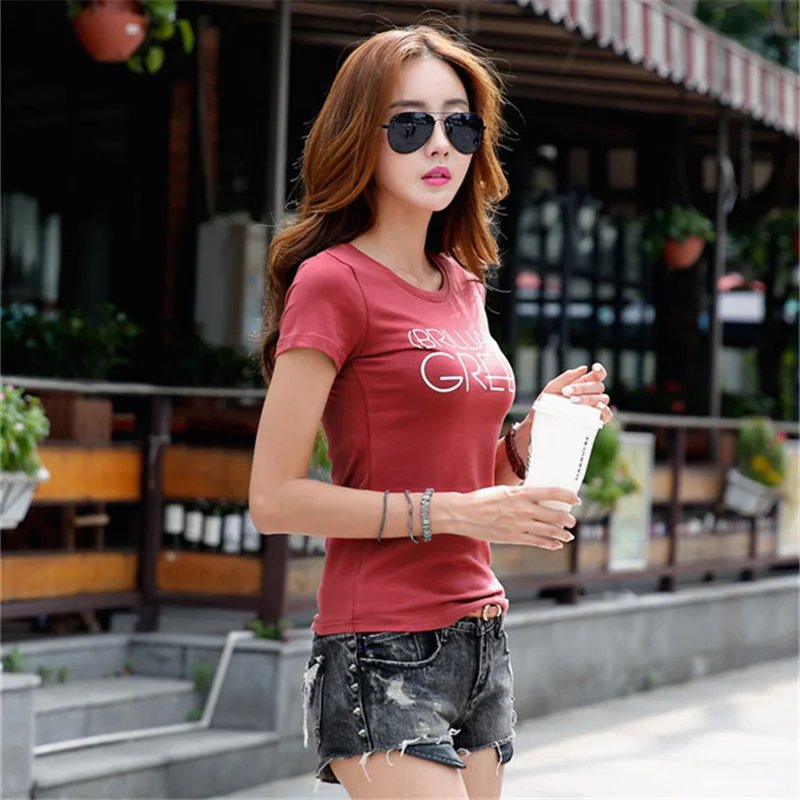 Повседневное О шеи Письмо печати короткий рукав Футболка Лето 100% хлопковые топы