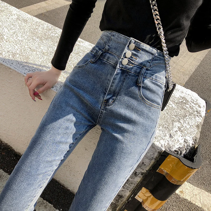 

Женские узкие джинсы с завышенной талией, облегающие тянущиеся брюки-карандаш, длинные черные джинсовые брюки на молнии, уличная одежда, же...
