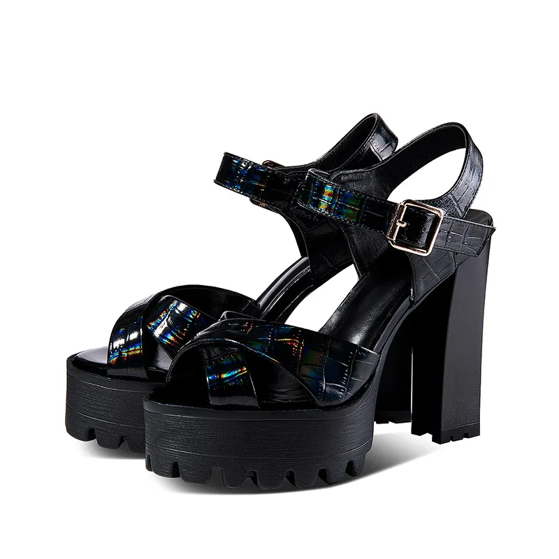 

2021 new women's fish mouth high heeled shoes magic color cow lacquer thick bottom buckle sexy fashion summer boots women