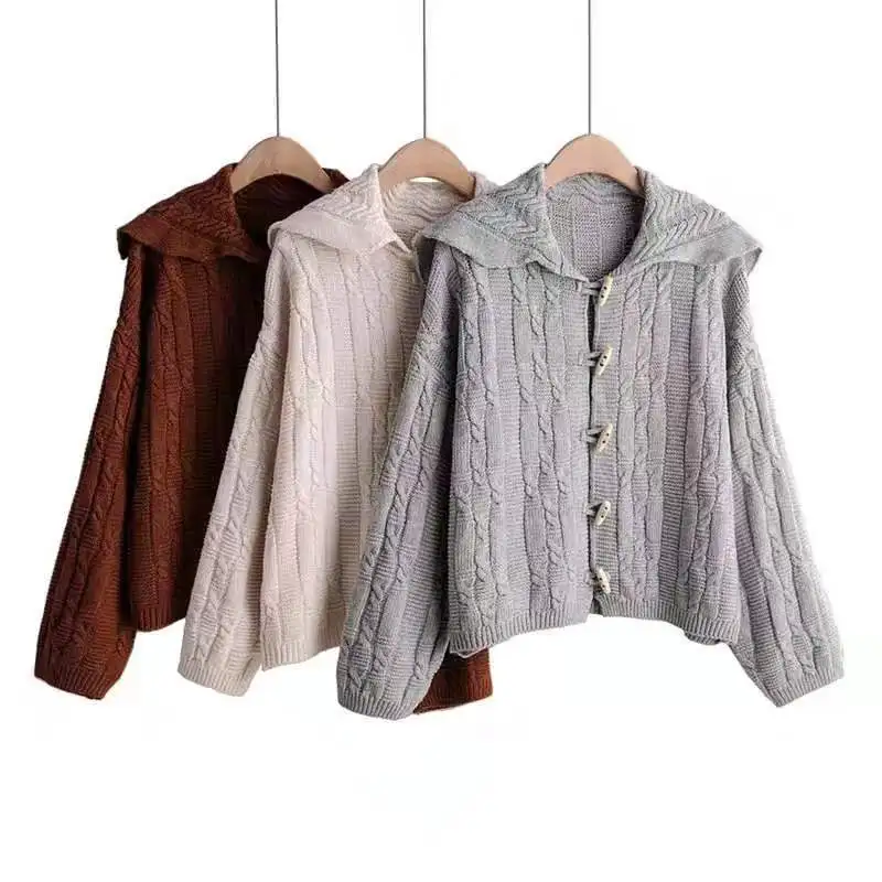 

Winter women's cardigan 2021 new Korean retro twist horn buckle loose wild long-sleeved knitted sweater jacket women