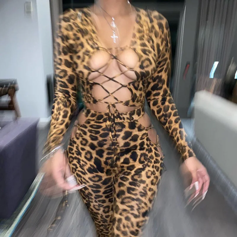 

BIIKPIIK Hollow Out Two Piece Sets Drawstring Female Suits Leopard Print Casual Lounge Wear Skinny Sexy Clubwear Matching Set