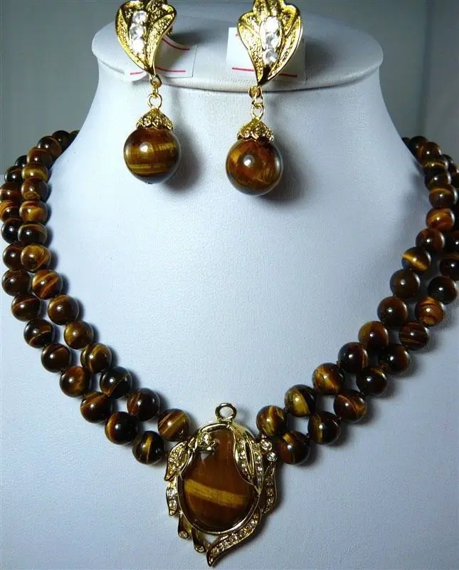 

Luxurious 2 Row 8mm Natural Tiger Eye Stone Necklace Pendant Clip Earrings Set