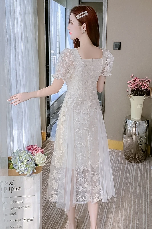 

COIGARSAM Patchwork Women dress Lace Beading Mesh Dresses Apricot 3735