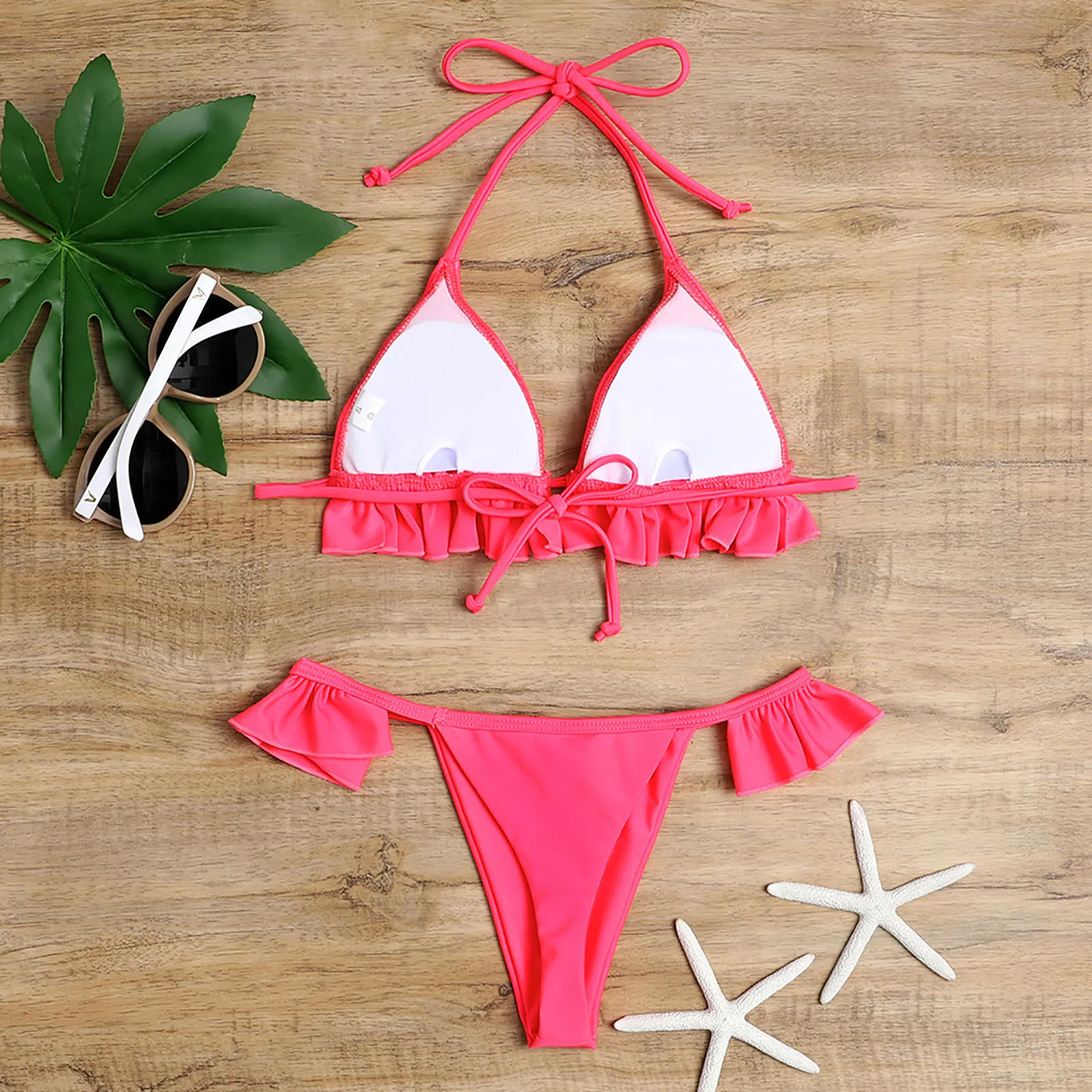 

Fast Deliver Women's Solid Color High Waist Classic Ruffled Sexy Split Bikini Swimsuit Traje de bao bikini de playa para mujer