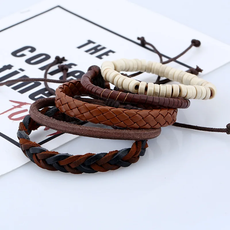 5 шт./компл. винтажные кожаные деревянные бусины Регулируемый веревочный браслет