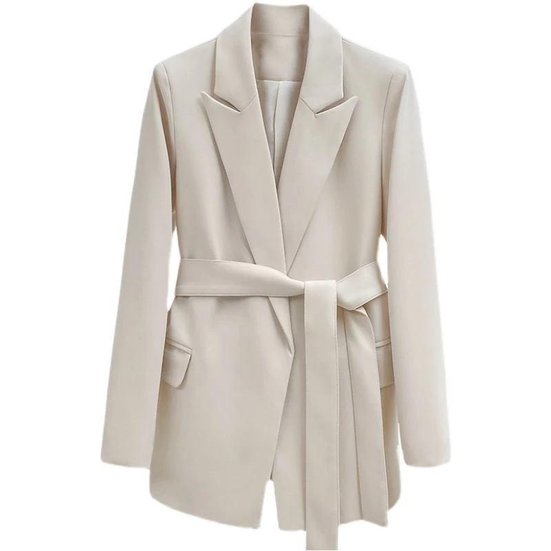 

Fitaylor New Elegant Female Beige Black Long Sleeve Blazer Office Lady Turn-down Collar Sash Tie Up Blazer with Belt