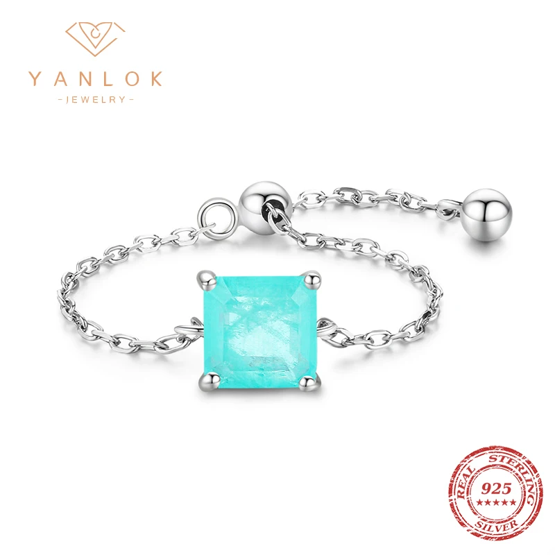 

YANLOK Trendy New 925 Sterling Silver Paraiba Tourmaline Chain Adjustable Rings For Women Wedding Engagement Jewelry Anel