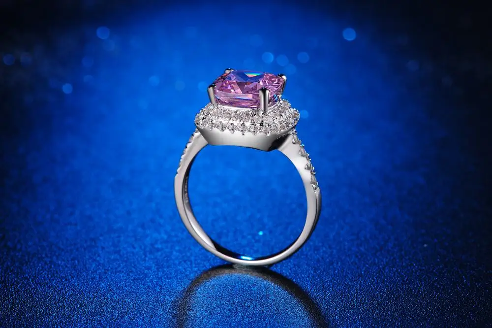 

Gorgeous Ring Cushion 1:1 Custom Brand Silver Jewelry 2CT SONA Simulate Diamond Engagement Halo Ring Platinum Plated Pave Around