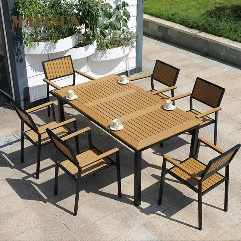 

Современный Досуг Открытый кафе обеденный стол и стулья комбинированные Пластиковые Деревянные пять частей садовая мебель в Северном евро...