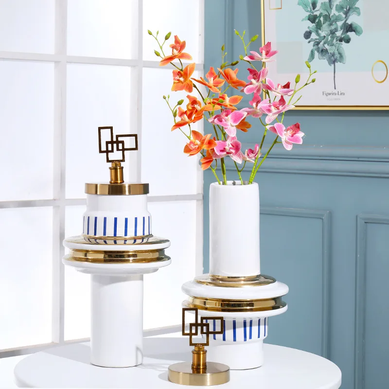 

Современная роскошная белая керамическая ваза с золотой крышкой Креативный цветочный контейнер для ТВ-шкафов гостиной