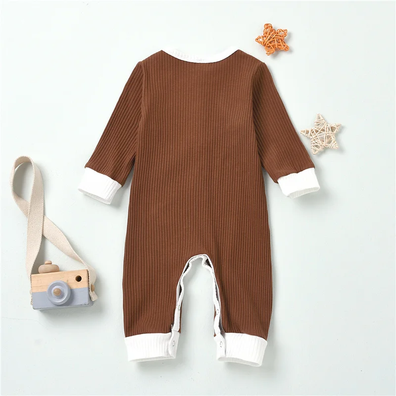 

One Piece Set Unisex Newborn Babys Long Sleeve Jumpsuit Fresh Contrast Color Round Neck Single-breasted Long Pants 0-18Months