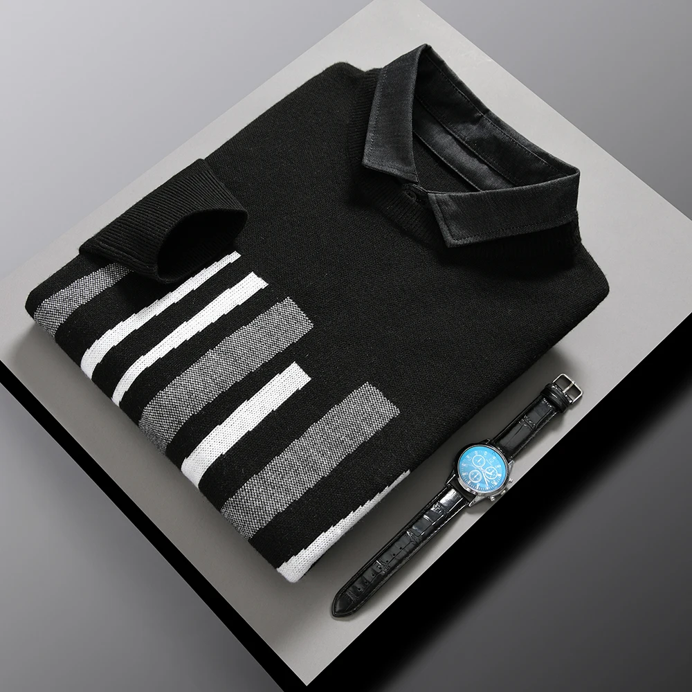 

New High End Designer Fashion Brand Knit White Black Stripe Wool Pullover Sweater Men Autum Winter Casual Jumper Men Clothing