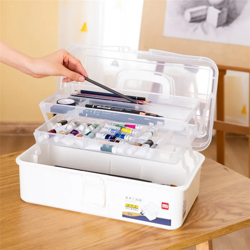 

Deli Box toolbox plastic art painting box size medium portable three-layer nail storage box