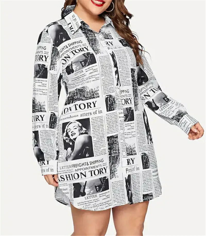 4XL 5XL Women Plus Size Dress Long Sleeve Newspaper Print Button Shirt Ladies Casual Loose Large Vestidos Mujer | Женская одежда